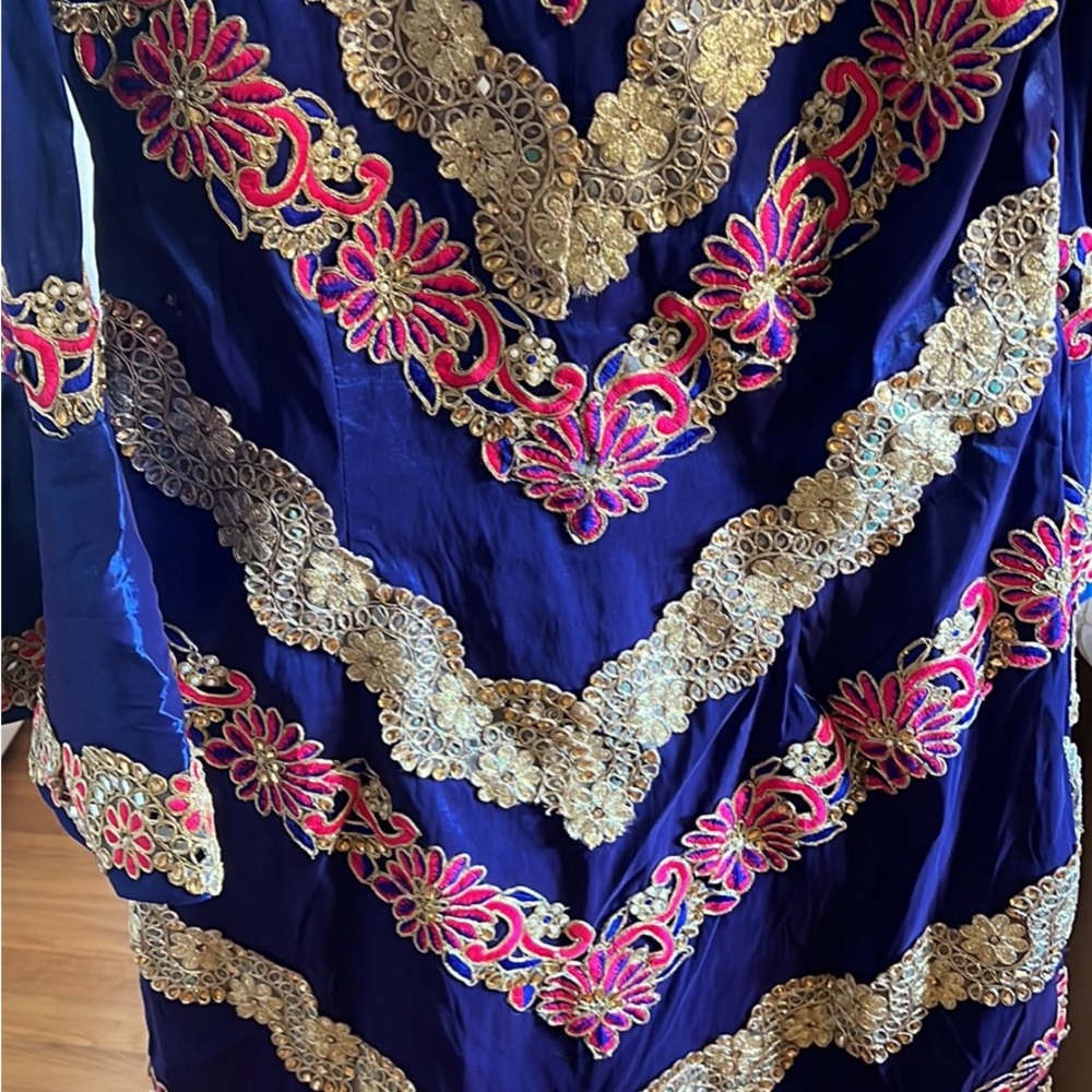 Custom blue & gold Palestinian Embroidered thobe/ A3ba /Dress